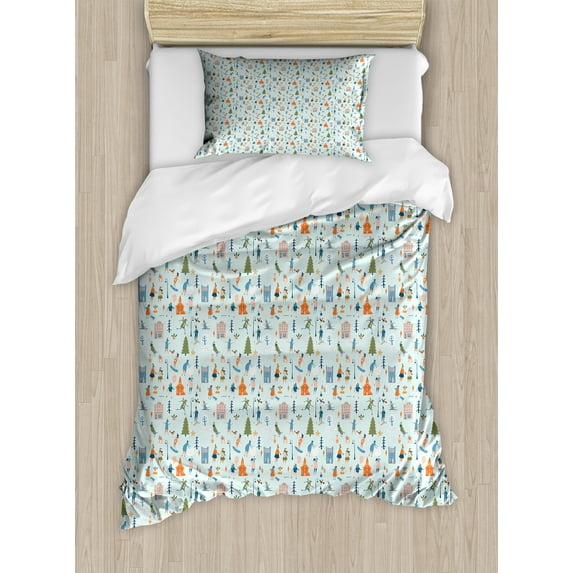 Ambesonne Ski Pattern Duvet Cover Sets, Cartoon Winter People, 2-Twin, Pale Blue Multicolor