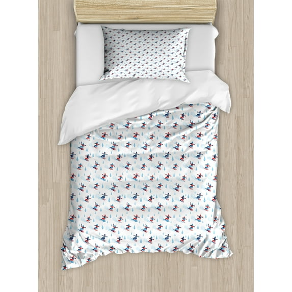 Ambesonne Ski Pattern Duvet Cover Sets, Winter Snowboarders, 2-Twin, Blue Vermilion White