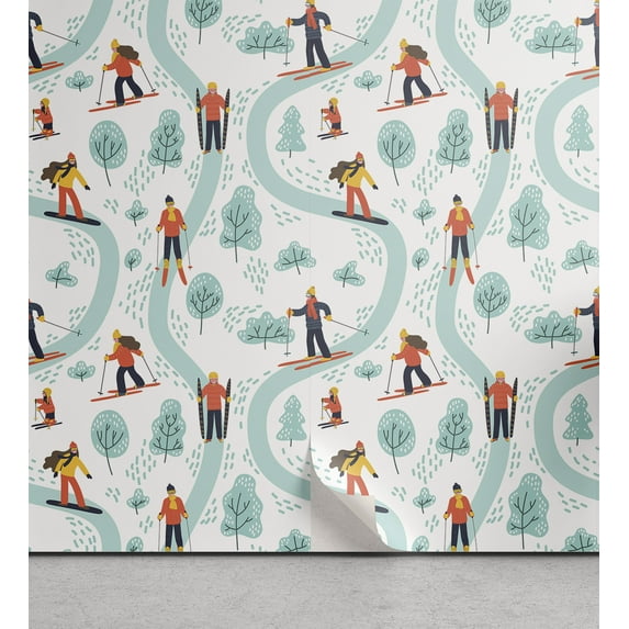 Ambesonne Ski Pattern Peel & Stick Wallpaper for Home, Skiing People on Track, 13"x36", Pale Teal Multicolor