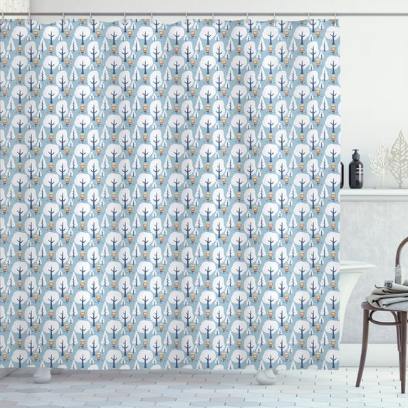 Ambesonne Ski Pattern Shower Curtain, Cartoon Skiing Boy Snow, 69"Wx84"L, Blue Grey Amber and White
