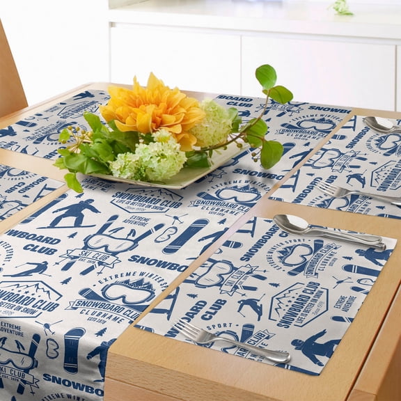 Ambesonne Ski Pattern Table Runner & Placemats, Snowboard Club Ornament, Placemat 4 pcs + Runner 16"x90", Eggshell and Dark Sky Blue