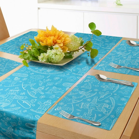 Ambesonne Ski Pattern Table Runner & Placemats, and Snowflakes, Placemat 4 pcs + Runner 14"x72", Sky Blue and White