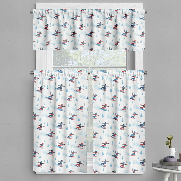 Ambesonne Ski Pattern Valance & Curtain, Winter Snowboarders, 55"x24", Blue Vermilion White