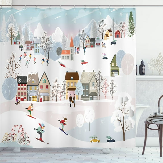 Ambesonne Skiing Shower Curtain, People Snow Covered Village, 69"Wx75"L, Chocolate Pale Purpleblue