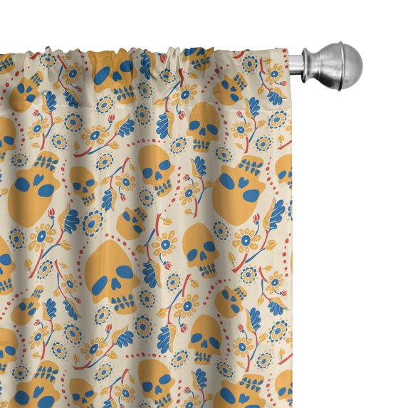 Ambesonne Skull Window Curtains, Colorful Floral Gothic Item, Each 28" W x 63" L, Earth Yellow Sea Blue