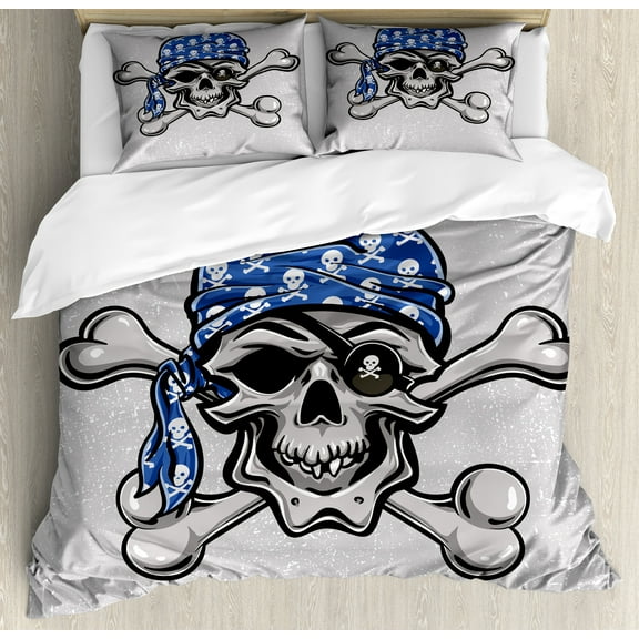 Ambesonne Skull Duvet Cover Set, Pirate Evil Head Bones, Queen, Blue Grey Black