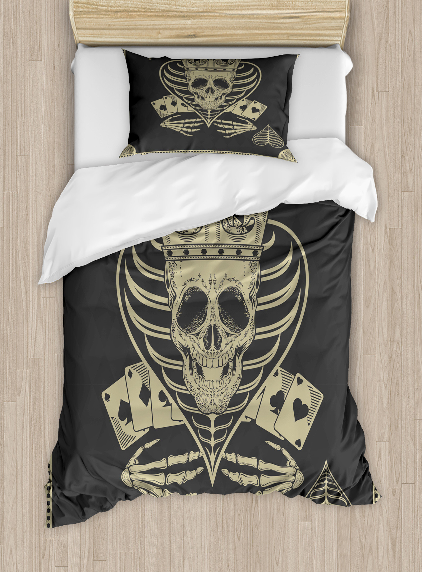 Ambesonne Skull Duvet Cover Set, Vector Skull Poker Cards, Twin, Dark Grey Tan Beige - image 1 of 3