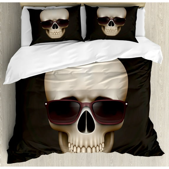 Ambesonne Skull Duvet Cover Sets, Funny Glass Skeleton Head, 2-Queen, Grey and Beige