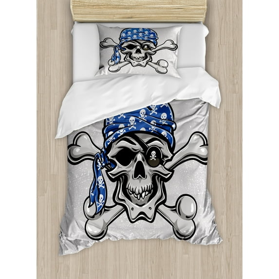 Ambesonne Skull Duvet Cover Sets, Pirate Evil Head Bones, 2-Twin, Blue Grey Black
