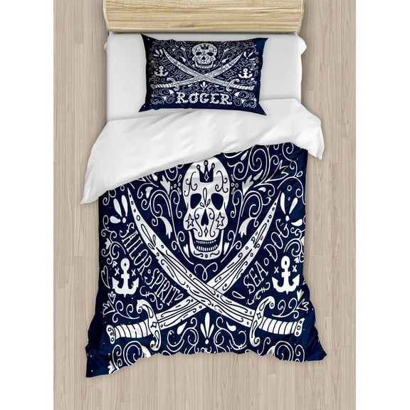 Ambesonne Skull Duvet Cover Sets, Pirates Jolly Roger Flag, 2-Twin, Dark Blue and White
