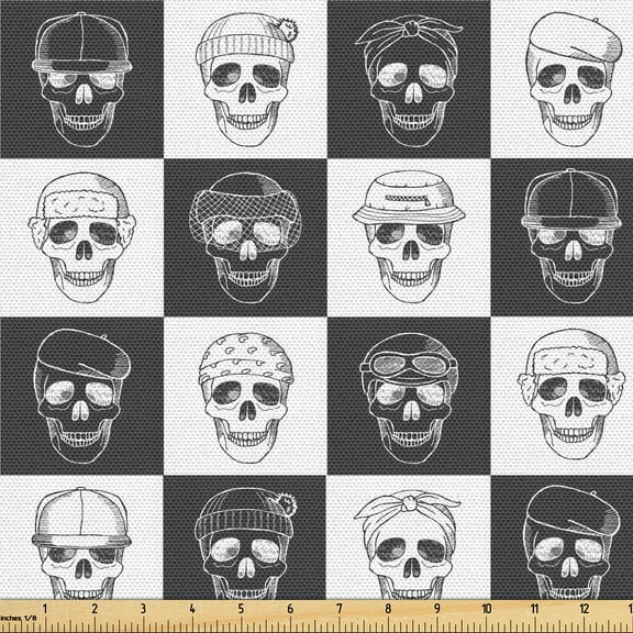 Ambesonne Skull Fabric by the Yard Upholstery, Checkered Squares Gothic Art, 2 Yards, Dark Blue Grey and White
