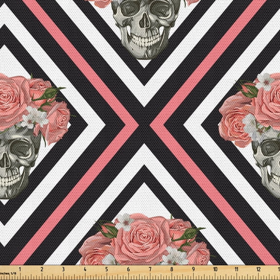 Ambesonne Skull Fabric by the Yard Upholstery, Goth Skeleton Heads Floral, 1 Yard, Coral Dark Sepia Black