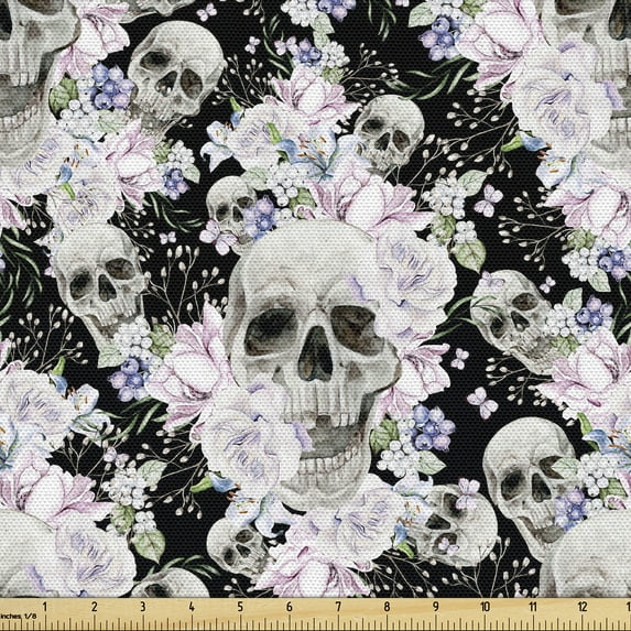 Ambesonne Skull Fabric by the Yard, Head Bones Melancholic Love, 10 Yards, Off White Rose Black