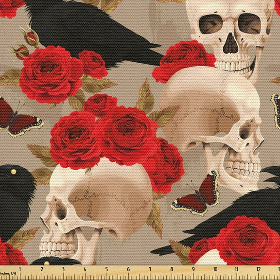 Ambesonne Skull Fabric by the Yard Upholstery, Horror Romantic Love Pattern, 1 Yard, Red Beige Black