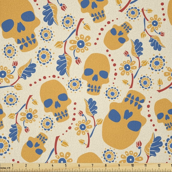 Ambesonne Skull Fabric by the Yard Microfiber, Colorful Floral Gothic Item, 10 Yards, Earth Yellow Sea Blue