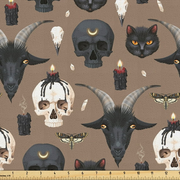 Ambesonne Skull Fabric by the Yard, Mystical Art Pattern Gothic, 5 Yards, Cocoa Beige Dark Grey