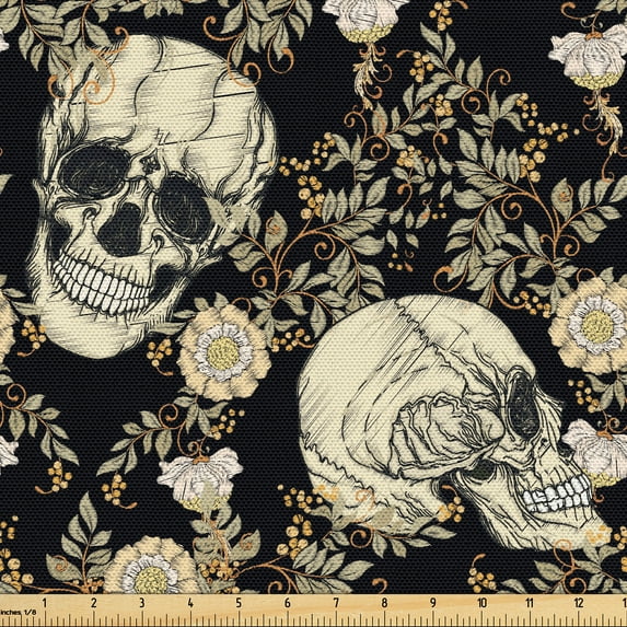 Ambesonne Skull Fabric by the Yard Upholstery, Old School American Skeleton, 1 Yard, Charcoal Grey Cream