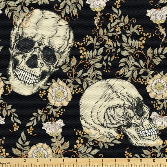 Ambesonne Skull Fabric by the Yard Upholstery, Old School American Skeleton, 10 Yards, Charcoal Grey Cream
