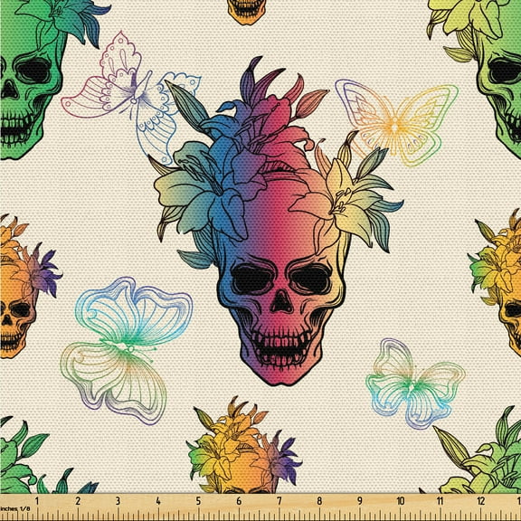 Ambesonne Skull Fabric by the Yard Upholstery, Rainbow Ombre Skeleton Heads, 3 Yards, Champagne Multicolor