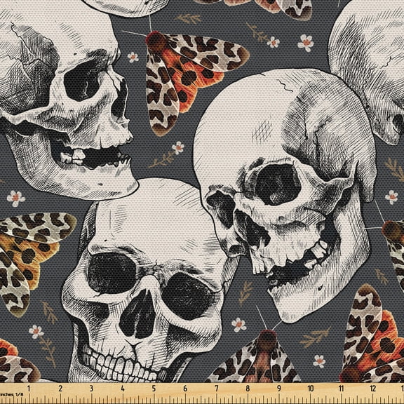 Ambesonne Skull Fabric by the Yard Upholstery, Allegory to Death with Moths, 1 Yard, Off White Ginger Grey