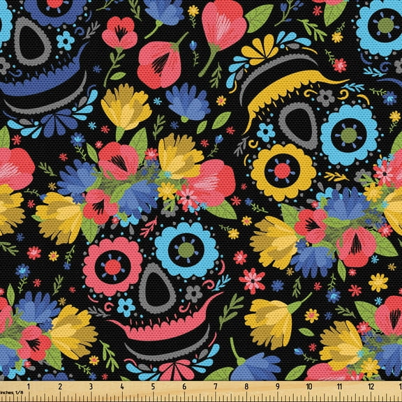 Ambesonne Skull Fabric by the Yard Upholstery, Colorful Flowers Crown Bones, 1 Yard, Coral Black Multicolor
