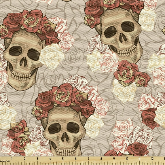 Ambesonne Skull Fabric by the Yard Upholstery, Goth Roses Floral Skeleton, 3 Yards, Warm Taupe Coral Ecru