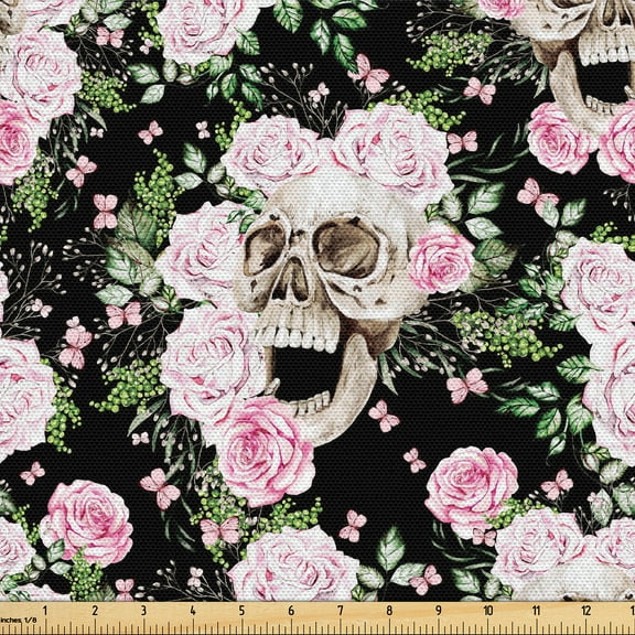 Ambesonne Skull Fabric by the Yard Upholstery, Gothic Peonies and Roses Art, 2 Yards, Pastel Pink and Sage Green