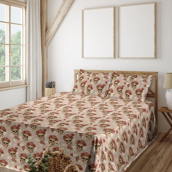 Ambesonne Skull Fitted & Flat Sheet with Sham 3 Pcs Set, Goth Roses Floral Skeleton, Twin XL, Warm Taupe Coral Ecru