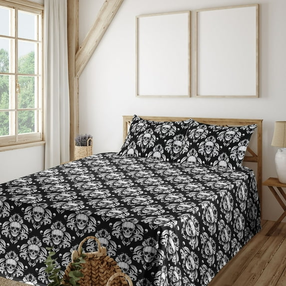 Ambesonne Skull Fitted & Flat Sheet with Sham 3 Pcs Set, Gothic Damask Flowers Print, Twin, Charcoal Grey and White