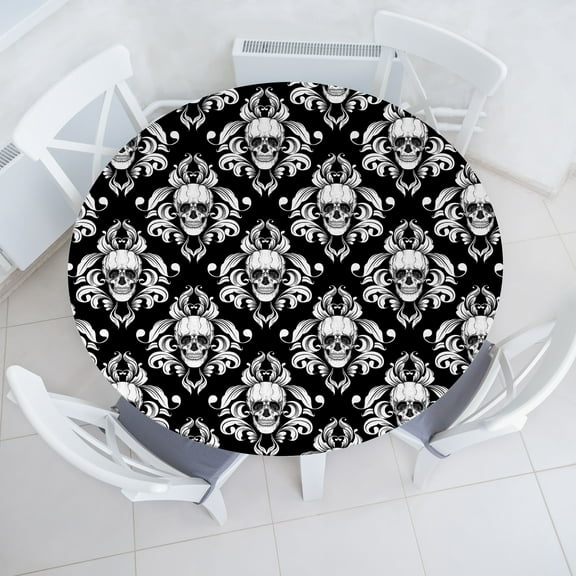 Ambesonne Skull Fitted Round Tablecloth, Gothic Damask Flowers Print, 45"- 56" Diameter, Charcoal Grey and White