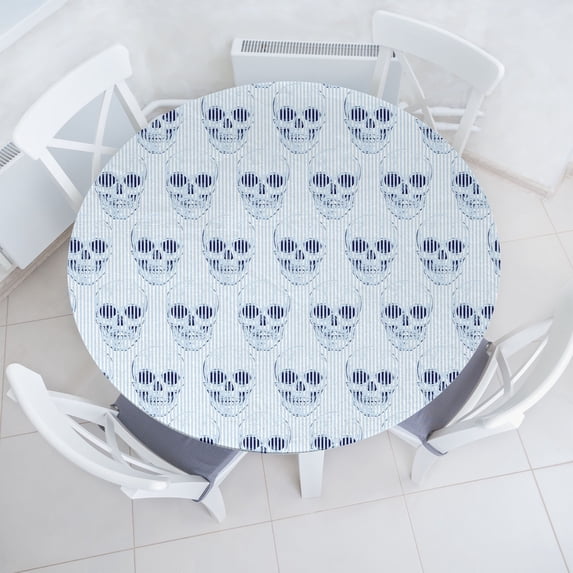 Ambesonne Skull Fitted Round Tablecloth, Stripes with Heads Gothic Art, 45"- 56" Diameter, Soft Blue Indigo and White