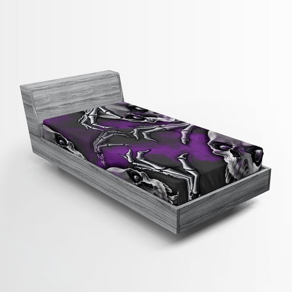 Ambesonne Skull Fitted Sheet 2 Pcs Set, Spooky Smiling Skeleton, Twin XL, Purple Grey and Black