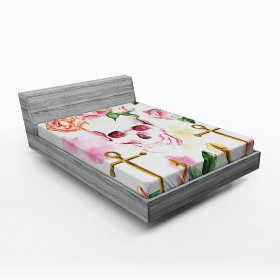 Ambesonne Skull Fitted Sheet, Anchor Roses Peony Art, Full Size, White Green Pink