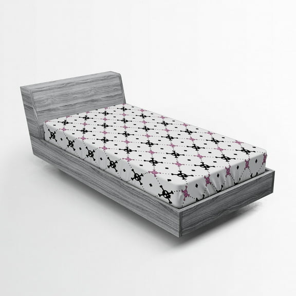 Ambesonne Skull Fitted Sheet, Black Girly Crossbones, Twin XL Size, Pale Pink White Black