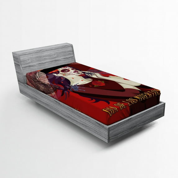 Ambesonne Skull Fitted Sheet, Dead Corpse Girl, Twin Size, Maroon Ruby and Burgundy