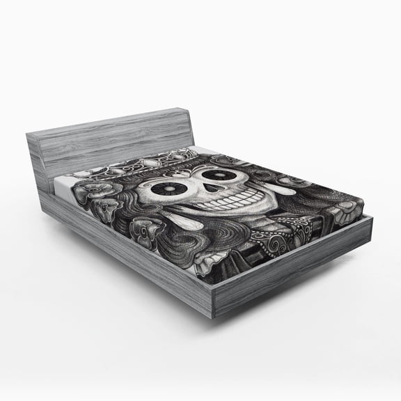 Ambesonne Skull Fitted Sheet, Dead Queen Folk Flowers, Full Size, Black and White