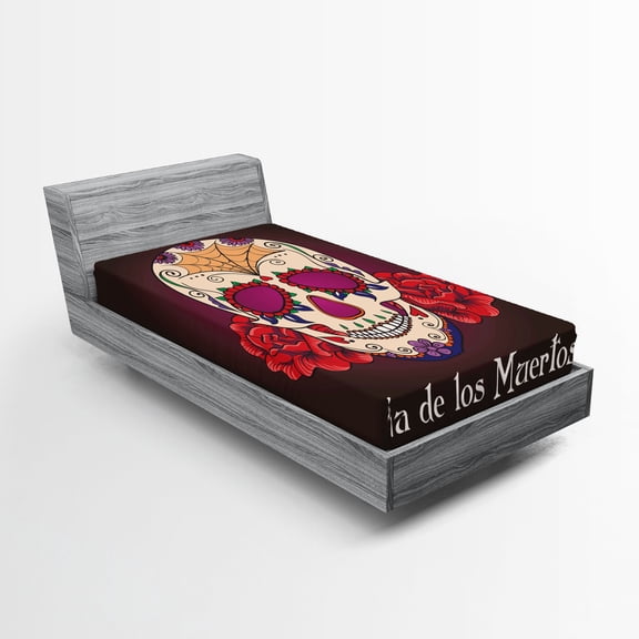 Ambesonne Skull Fitted Sheet, Dia de Los Muertos, Twin Size, Plum Red Cream