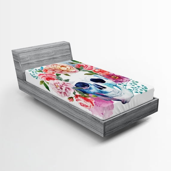 Ambesonne Skull Fitted Sheet, Floral Colorful Skeleton, Twin Size, Multicolor