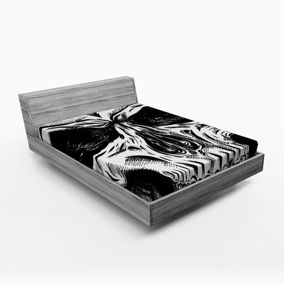 Ambesonne Skull Fitted Sheet, Gothic Sketch Evil Face, Queen Size, Black White