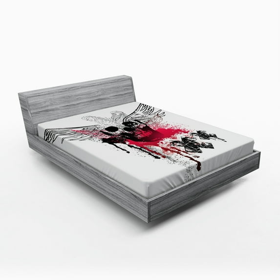 Ambesonne Skull Fitted Sheet, Grunge Wings and Skull, Full Size, Black Pink White