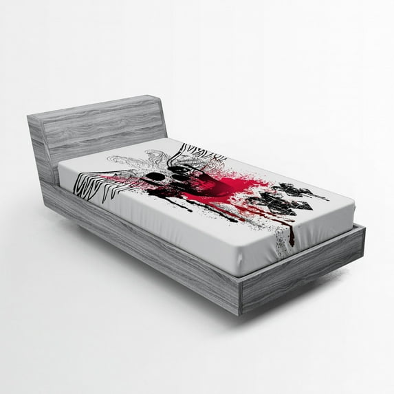 Ambesonne Skull Fitted Sheet, Grunge Wings and Skull, Twin XL Size, Black Pink White