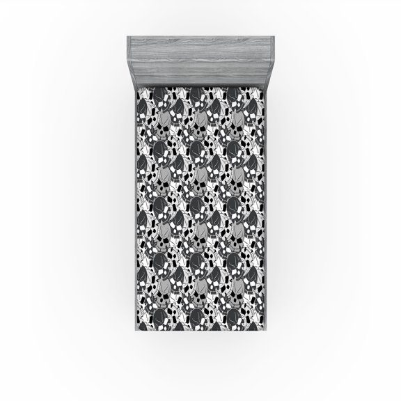 Ambesonne Skull Fitted Sheet, Illustration of Skeleton Head, Twin XL Size, Charcoal Grey and Eggshell