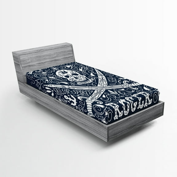 Ambesonne Skull Fitted Sheet, Pirates Jolly Roger Flag, Twin Size, Dark Blue and White