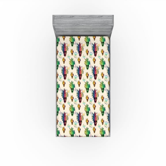 Ambesonne Skull Fitted Sheet, Rainbow Ombre Skeleton Heads, Twin Size, Champagne Multicolor