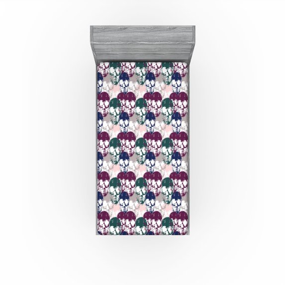 Ambesonne Skull Fitted Sheet, Repetitive Blue Gothic Modern, Twin XL Size, Hunter Green Plum Rose