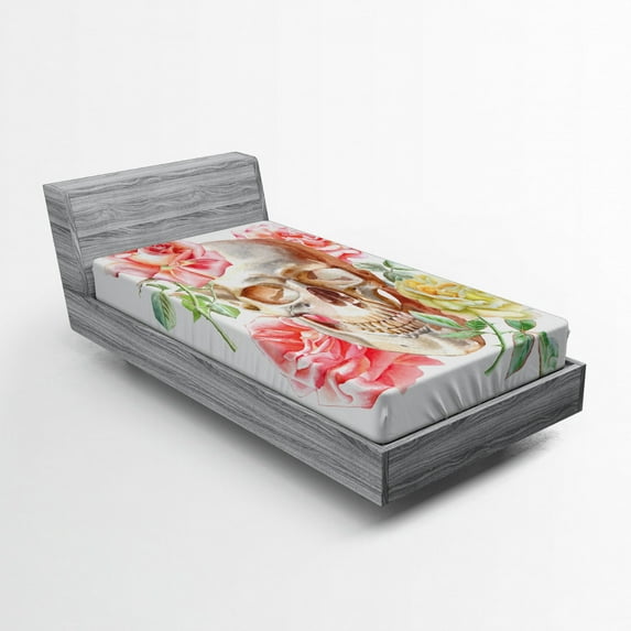 Ambesonne Skull Fitted Sheet, Romantic Roses Floral, Twin Size, Pink Beige Yellow