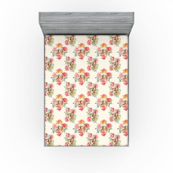 Ambesonne Skull Fitted Sheet, Roses of Dead Romantic Print, Full Size, Ivory Coral Pale Brown