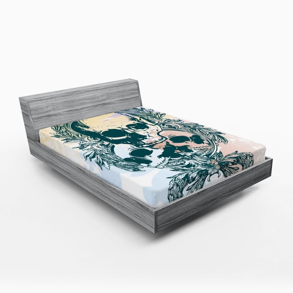 Ambesonne Skull Fitted Sheet, Scary Deadly Rocker Trio, Full Size, Pale Yellow Emerald