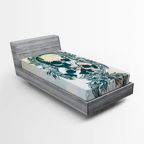 Ambesonne Skull Fitted Sheet, Scary Deadly Rocker Trio, Twin XL Size, Pale Yellow Emerald