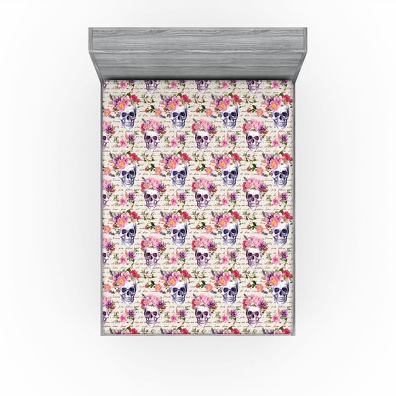 Ambesonne Skull Fitted Sheet, Skeleton Roses Lover Artwork, Queen Size, Eggshell Pink and Plum